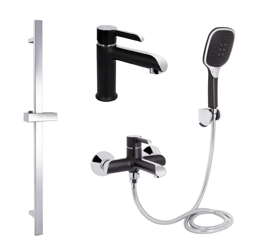 Комплект смесителей Qtap Grand для ванной 3в1 умывальник/ванная/душевая стойка с ручным душем Черный (3350333502)