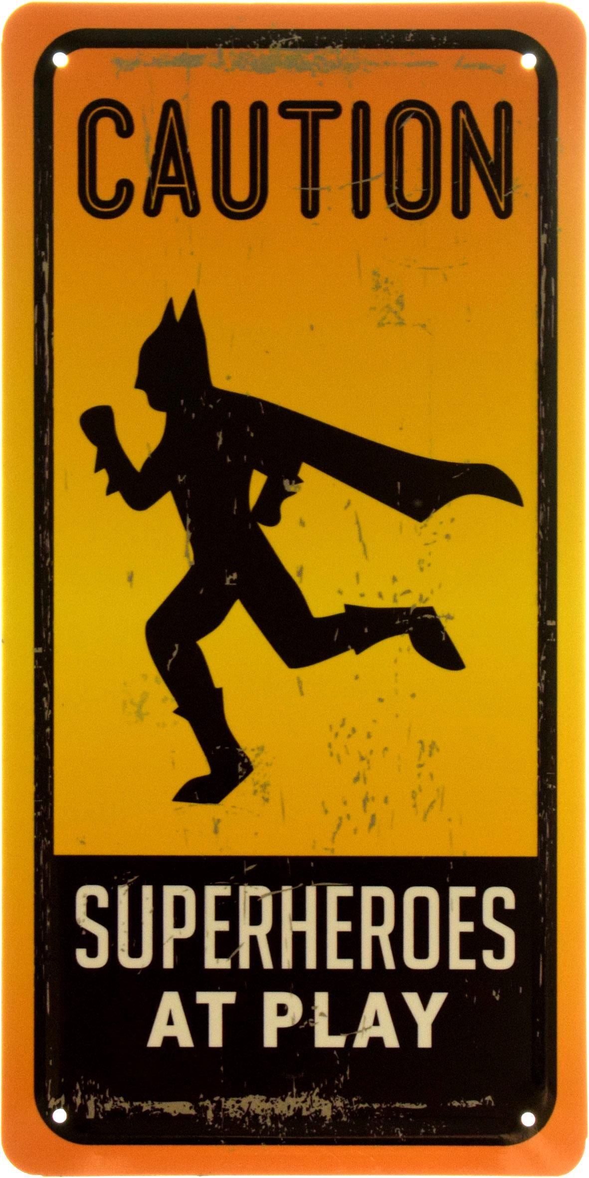 Табличка металлическая "Caution Superheroes At Play" 15x30 см (ms-103973)