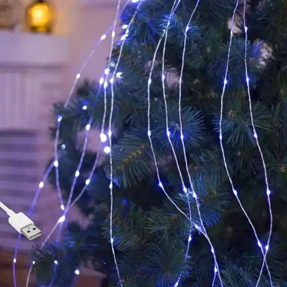 Новогодняя гирлянда Конский хвост 2,4 м 240 LED 10 нитей от USB 8 режимов IP44 Сине-белый