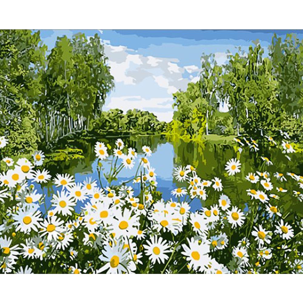 Картина за номерами Strateg Преміум Ромашки на березі річки з лаком та рівнем 40x50 см (Str-GS1631)