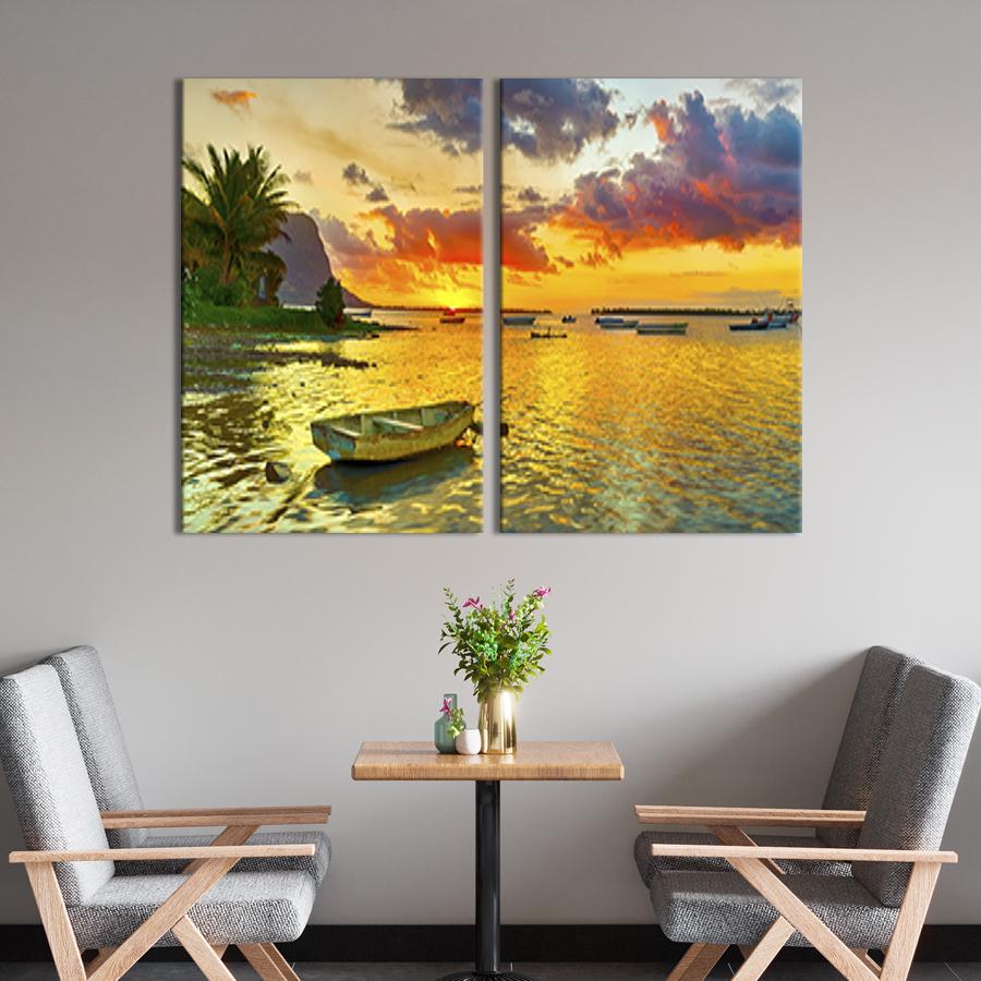 Настенный декор диптих картина на холсте для интерьера Тропическая рыбацкая гавань 111x81 см (441-2)