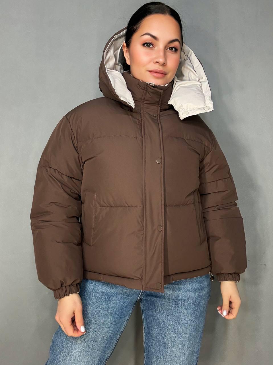 Куртка женская Fashions 87257 двусторонняя пуффер с капюшоном Коричневый с бежевым L (6282)