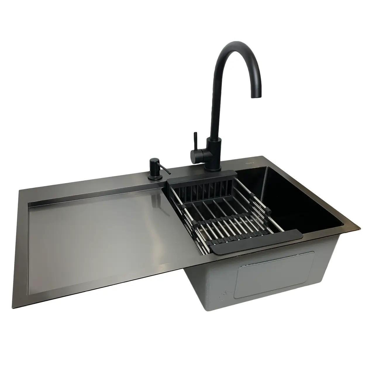 Мойка Luminex 7844 см правая и смеситель для кухни из нержавеющей стали Черный