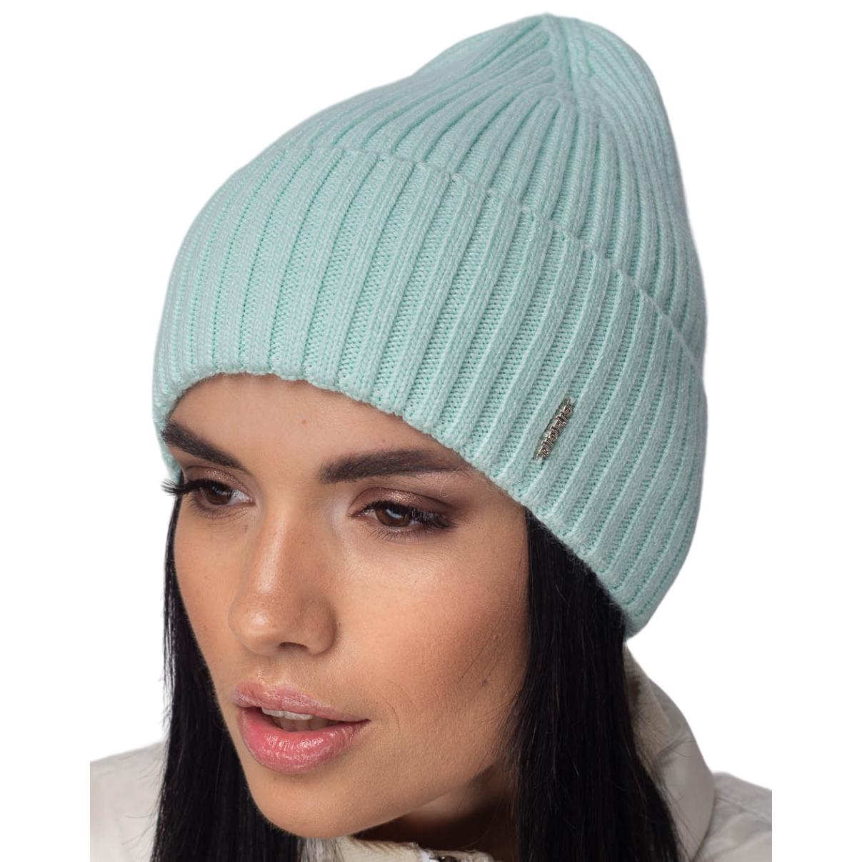Шапка жіноча Leks ЭРА одинарна напівшерстяна з відворотом широкий рубчик one size М’ятний