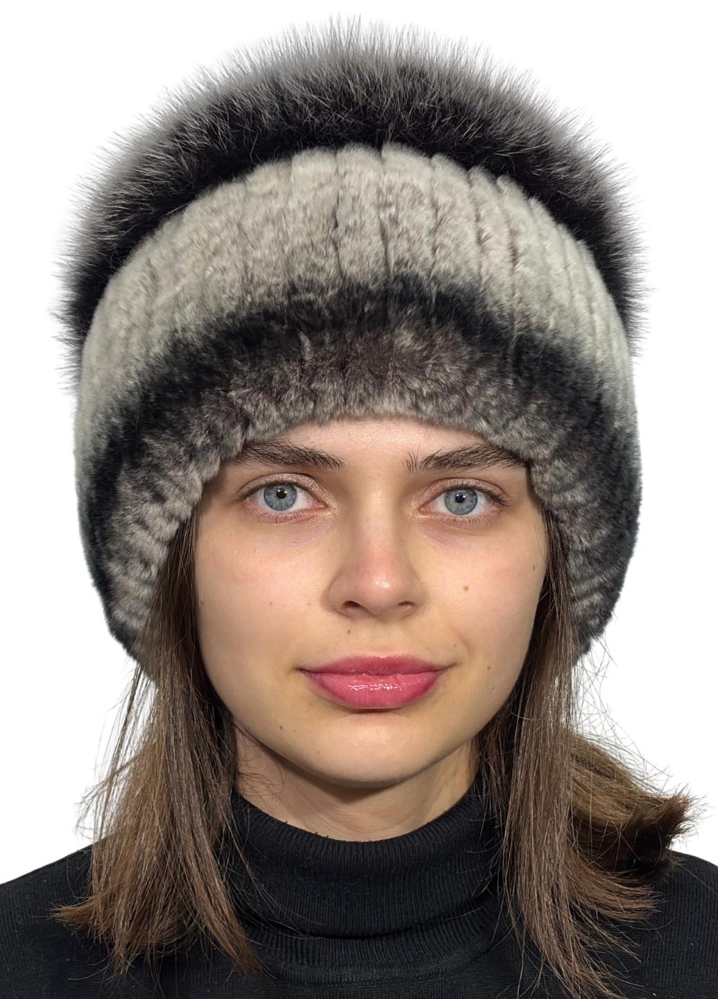 Женская вязаная шапка Меховой стиль Рекс-бубон большой с помпоном из натурального меха кролика Шиншилл (305)