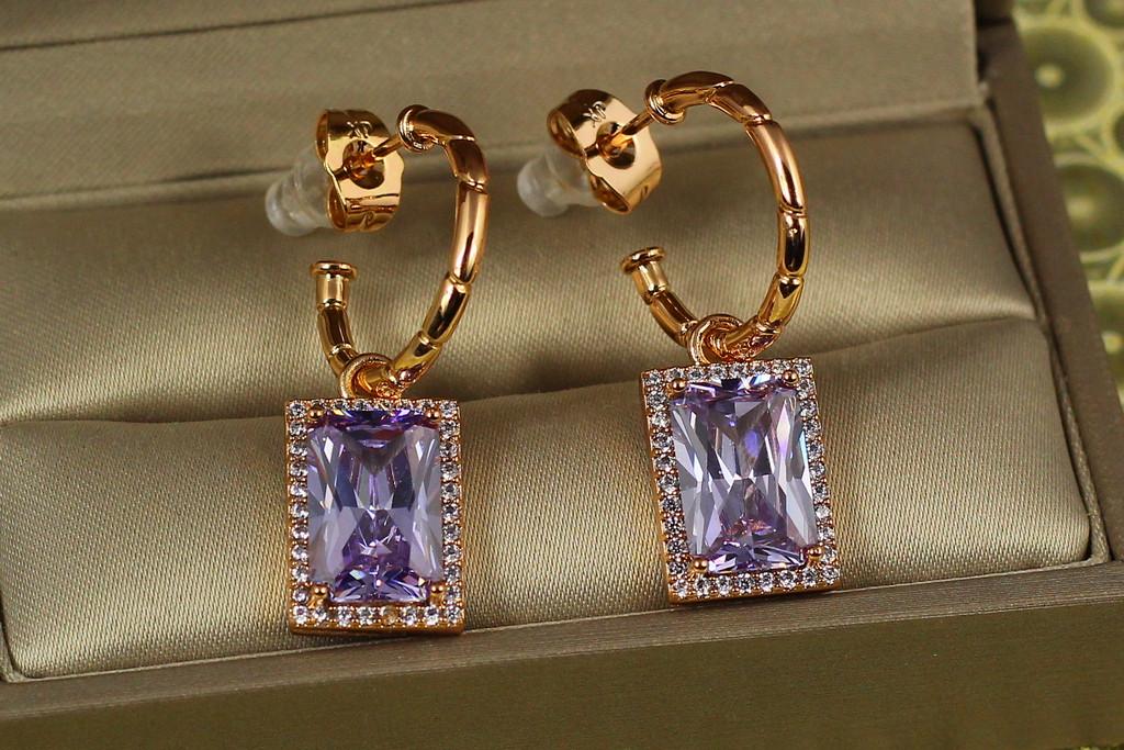 Серьги подвески Xuping Jewelry Прямоугольники с фиолетовыми камнями 3,5 см Золотистый (2090835140)