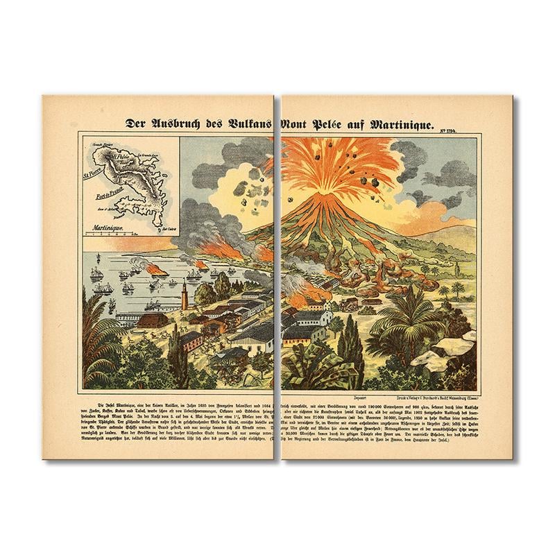 Винтажная карта Вспышка горного вулкана на Мартинике 2 модуля 40х60 см