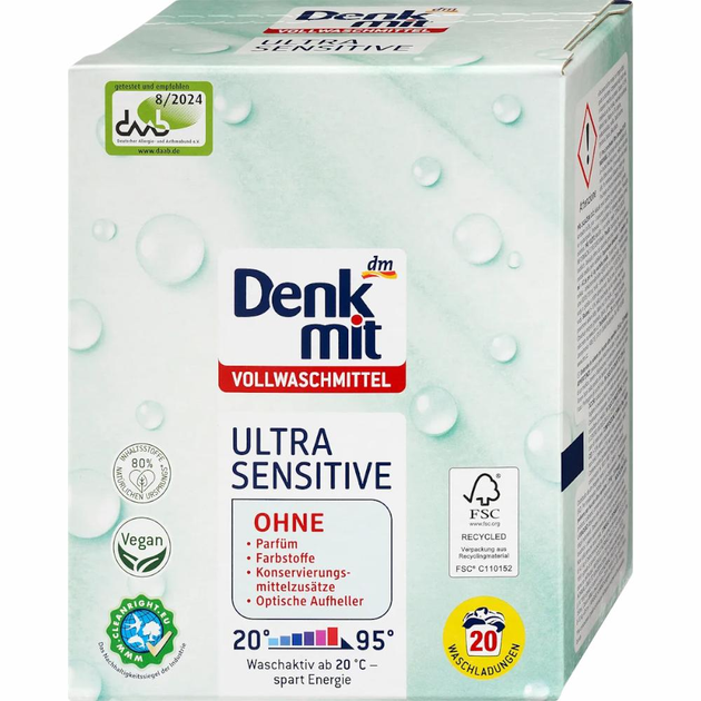 Пральний порошок універсальний Denkmit Vollwaschmittel Ultra Sensitive для делікатних тканин та чутливої шкіри 20 прань 1,35 кг (11290)