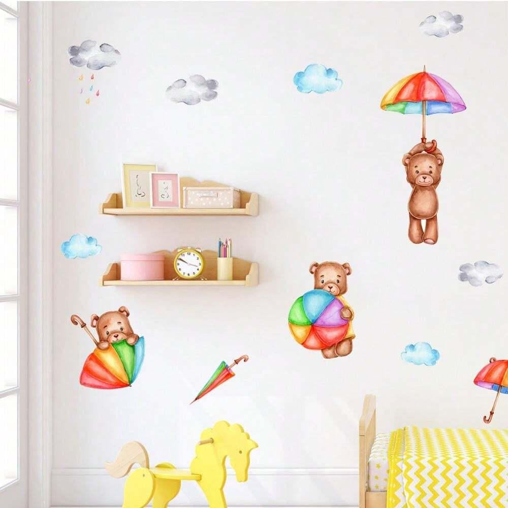 Наклейки вінілові Ведмежа із парасольками декоративні в дитячу кімнату 30х90 см Наклейки вінілові Ведмежа із парасольками декоративні в дитячу кімнату 30х90 см
