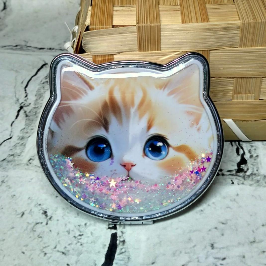 Зеркало карманное косметическое Котик жидкие блестки 7,5х7 см (А983)