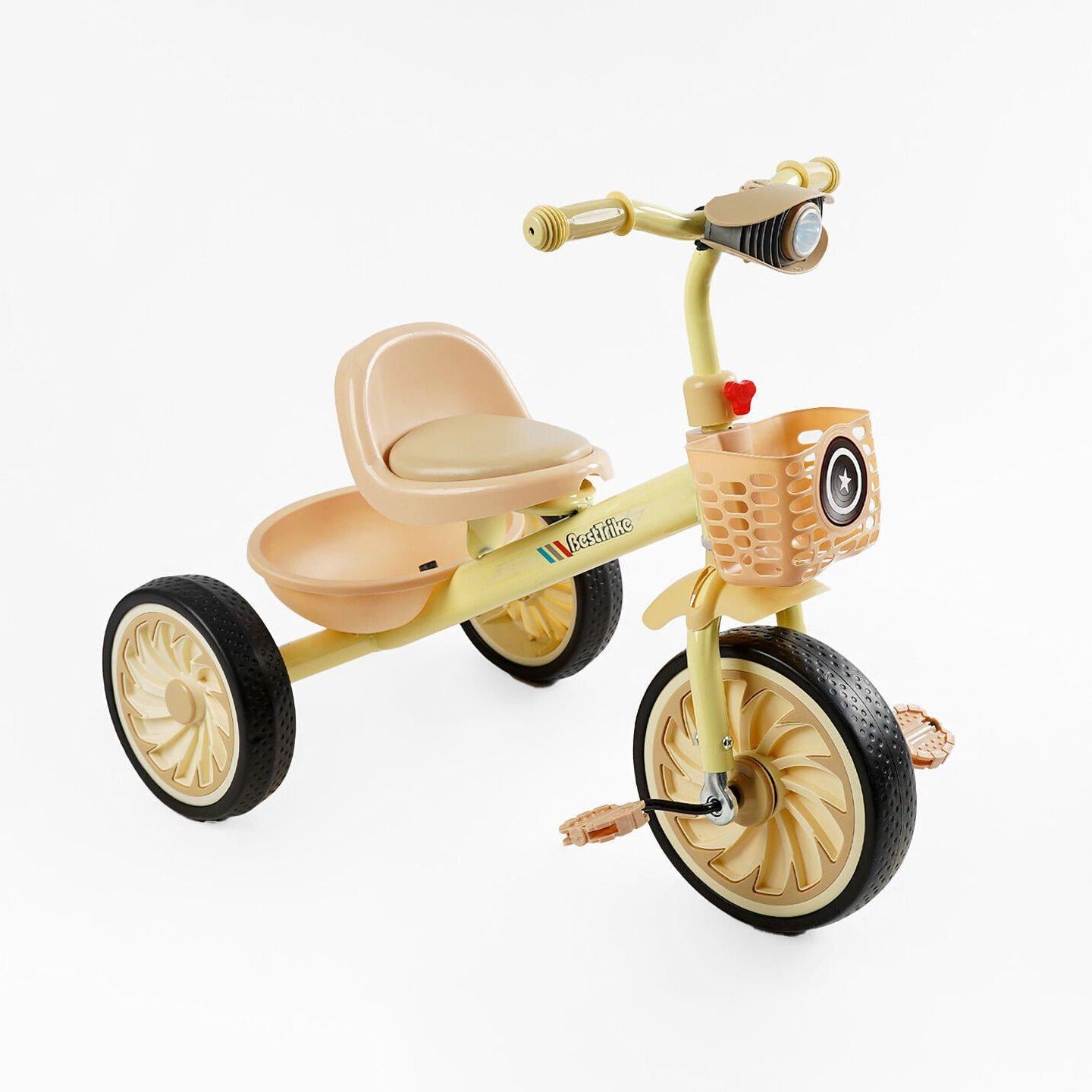 Детский трехколесный велосипед без ручки Best Trike BS с плетеной корзиной и фарой Желтый