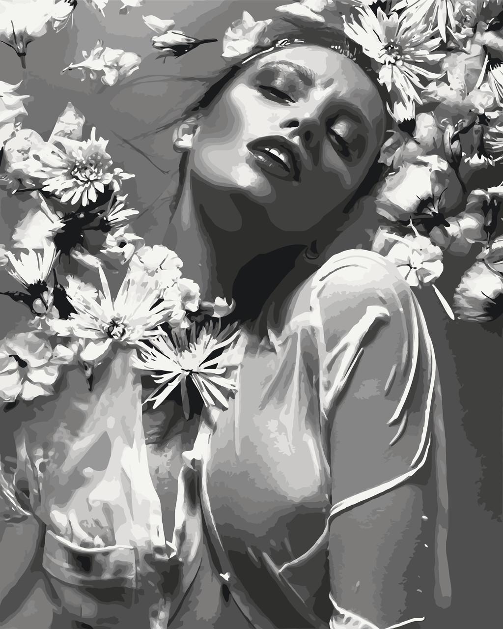 Картина по номерам ORIGAMI Девушка в цветах на черно-белом фоне 40х50 см (LW 30580)