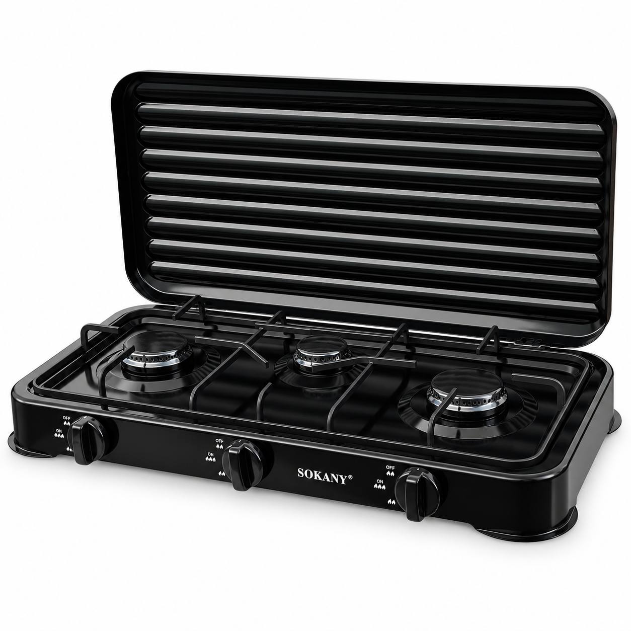Газовая настольная плита Sokany SK-6003 с тремя конфорками и крышкой 59х31х8 см Черный (M1291)