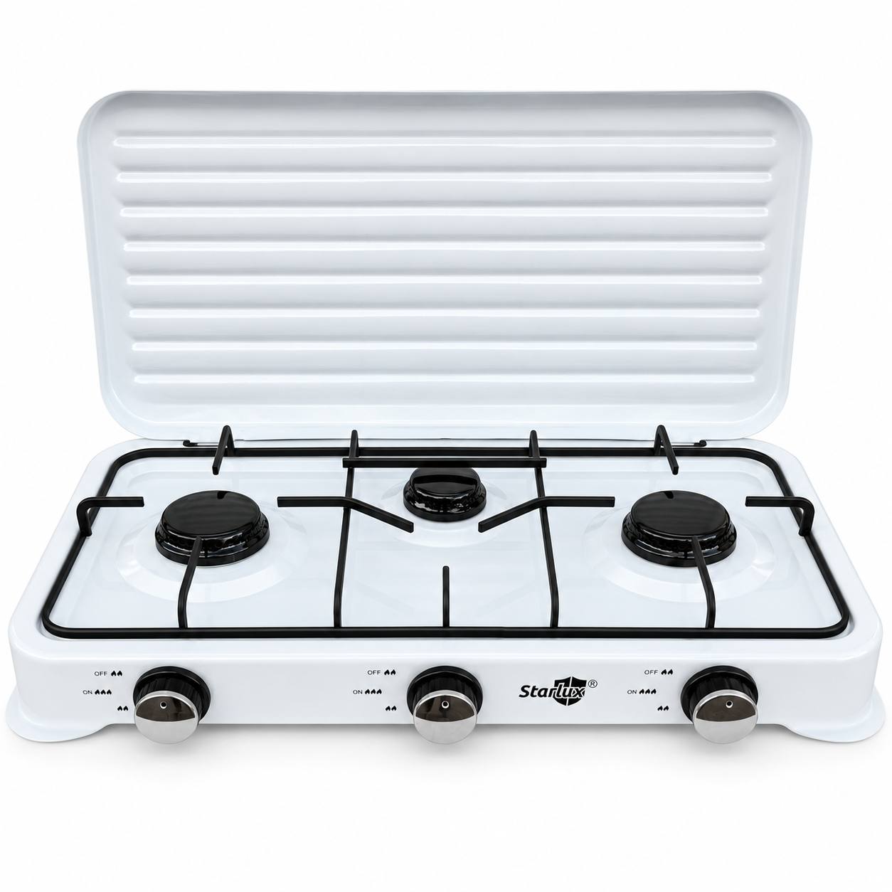 Газовая настольная плита Starlux SGS-6003 с тремя конфорками и крышкой 59х31х8 см Белый (M1290)