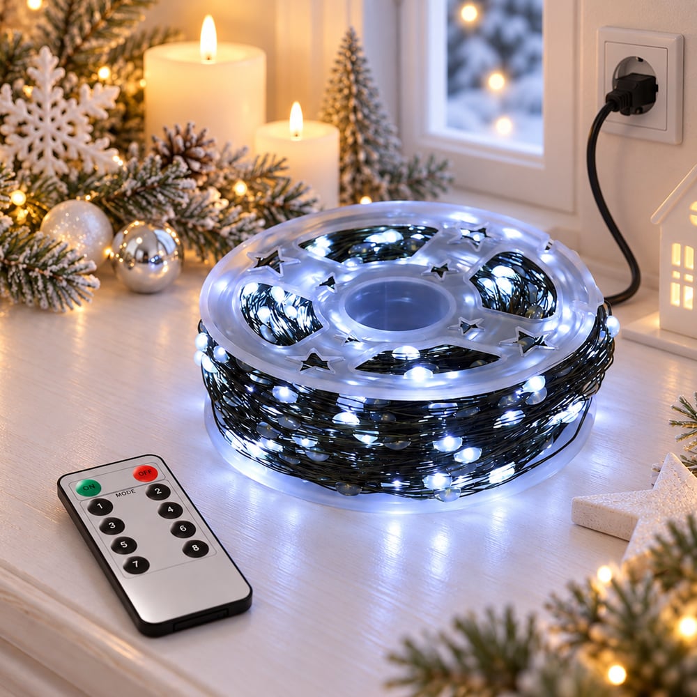 Гирлянда светодиодная Роса 100 м 1000 LED с зеленым проводом с пультом 220V Холодный белый свет (03-R43342-1)