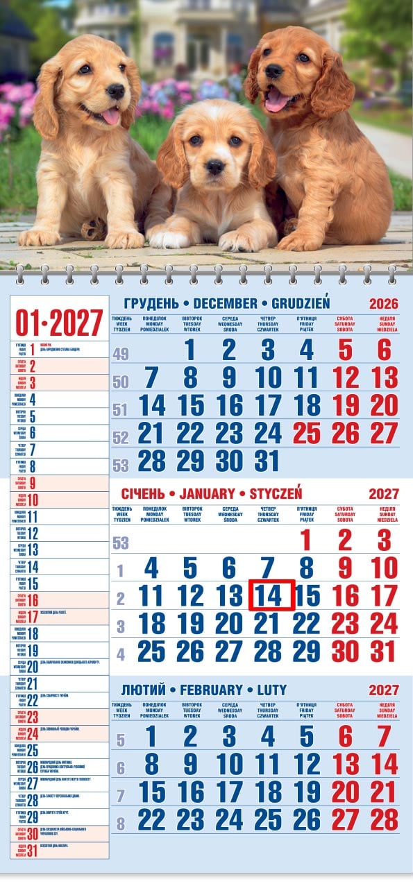 Календар на 2027 р. Офісний 1 Кокер Спаніель Календар на 2027 р. Офісний 1 Кокер Спаніель