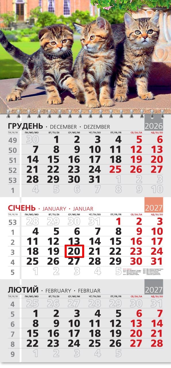 Календар на 2027 р. Офісний 3 Котяча тріада Календар на 2027 р. Офісний 3 Котяча тріада