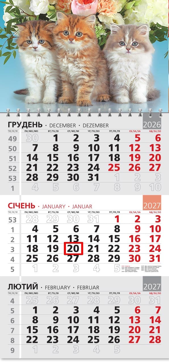 Календар на 2027 р. Офісний 3 Тріо котиків та букет квітів Календар на 2027 р. Офісний 3 Тріо котиків та букет квітів