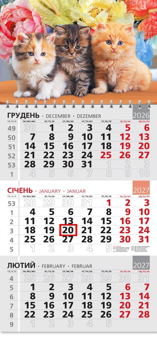 Календар на 2027 р. Офісний 3 Трійка кошенят в квітах Календар на 2027 р. Офісний 3 Трійка кошенят в квітах