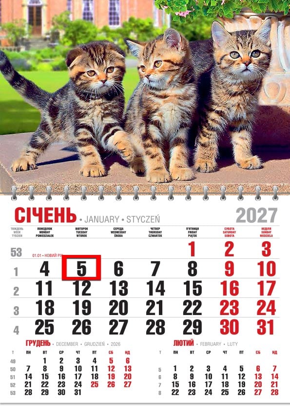 Календар на 2027 р. Офісний економ Котяча тріада