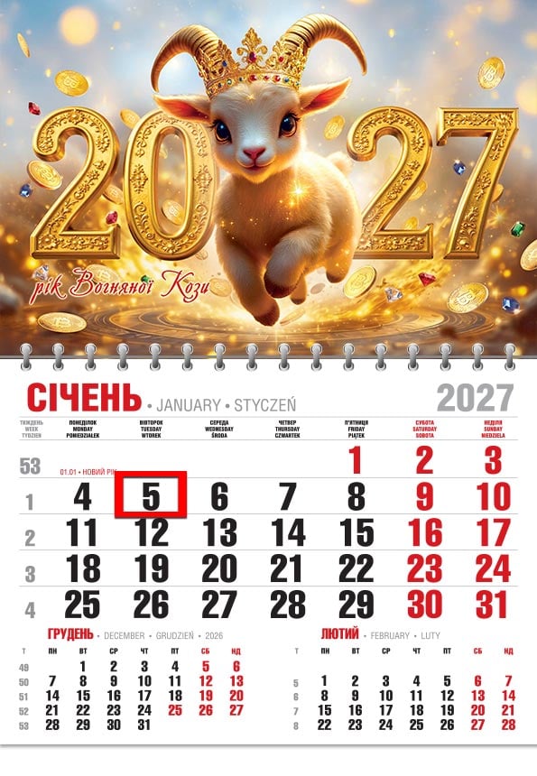 Календар на 2027 р. Офісний економ Козеня в золоті