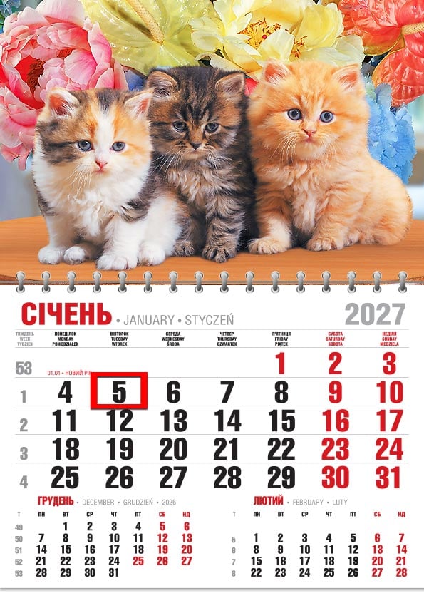 Календар на 2027 р. Офісний економ Трійка кошенят в квітах