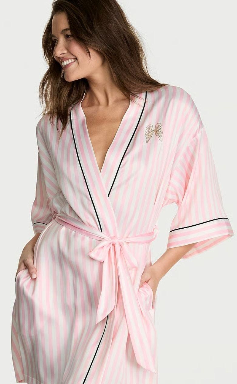 Халат короткий сатиновый в фирменную полоску Victoria's Secret M/L Бело-розовый (27226404)