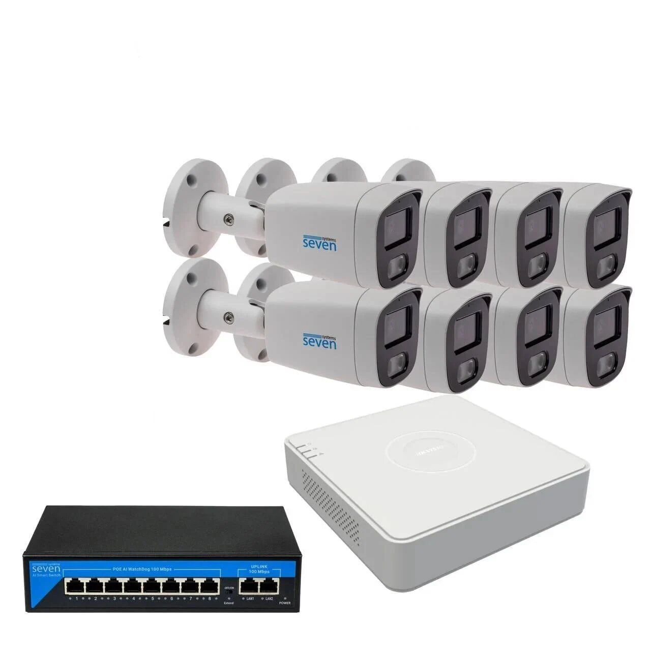 Комплект IP-видеонаблюдения Hikvision на 8 цилиндрических 2 Мп IP-камер HK-IP7128OW-2MP