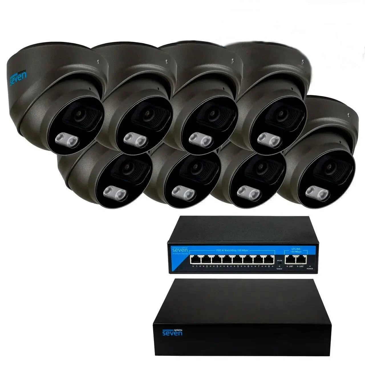Комплект видеонаблюдения на 8 купольных 5 Мп IP-камер SEVEN IP-7215B8-5MP