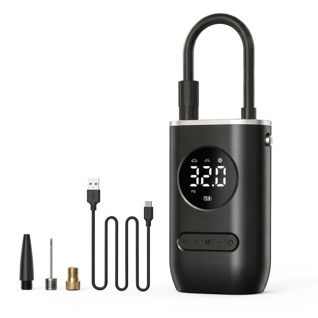 Компрессор автомобильный аккумуляторный 1193 с цифровым дисплеем USB Type-C 4 насадки с фонариком