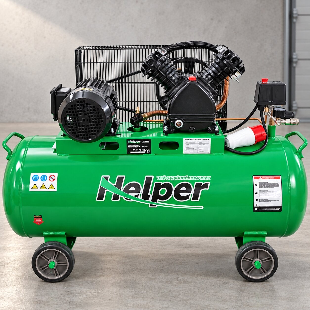 Компрессор Helper HP-1358 масляный воздушный 200 л 4,3 кВт 2 поршня 690 л/мин 8 бар трехфазный медная обмотка промышленный для пневмооборудования
