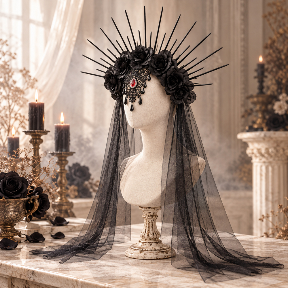 Корона-венок на Хэллоуин Беатрис с фатой и черными розами 40 см (01-AN1-4074)