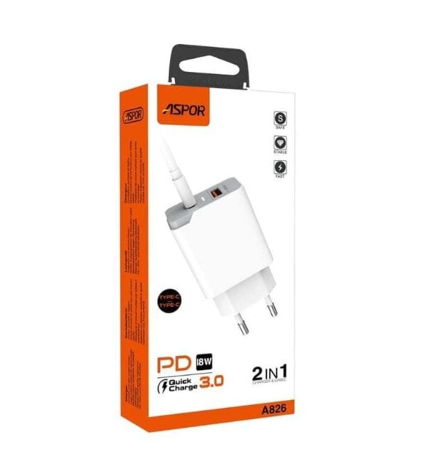 Сетевое зарядное устройство для Aspor A826 PD 20W/USB/Type-C и кабель USB-Micro Белый (925083)