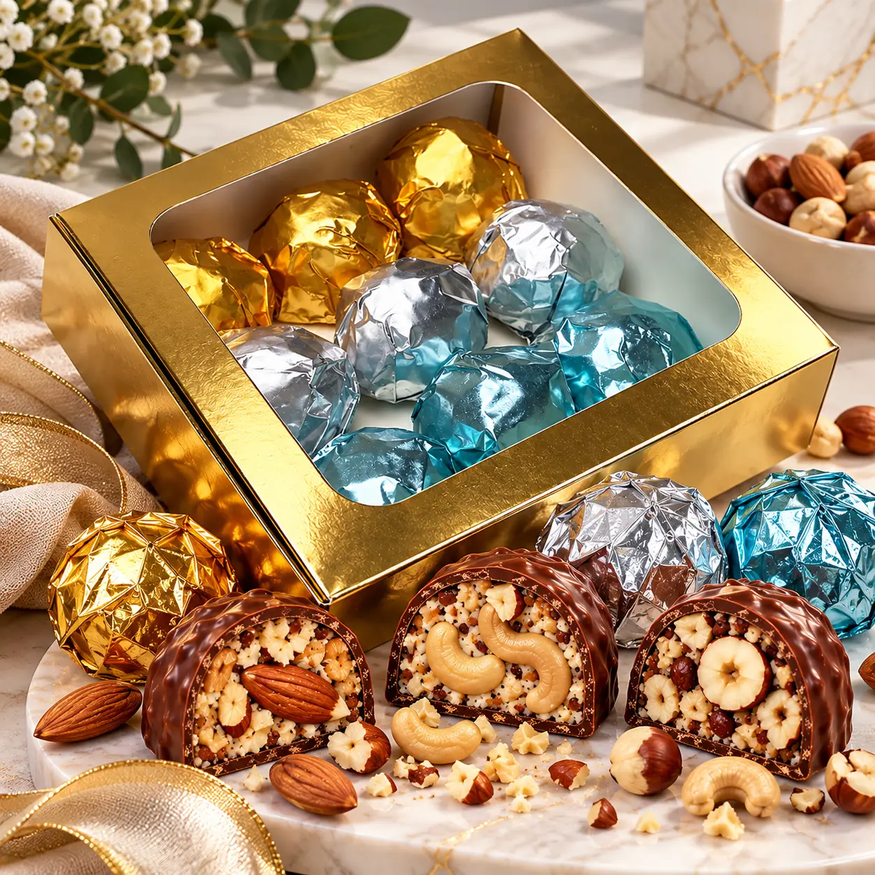 Микс дубайских конфет LUX CHOCO 400 г в подарочной коробке Золотой/Серебряный/Голубой (38868836)