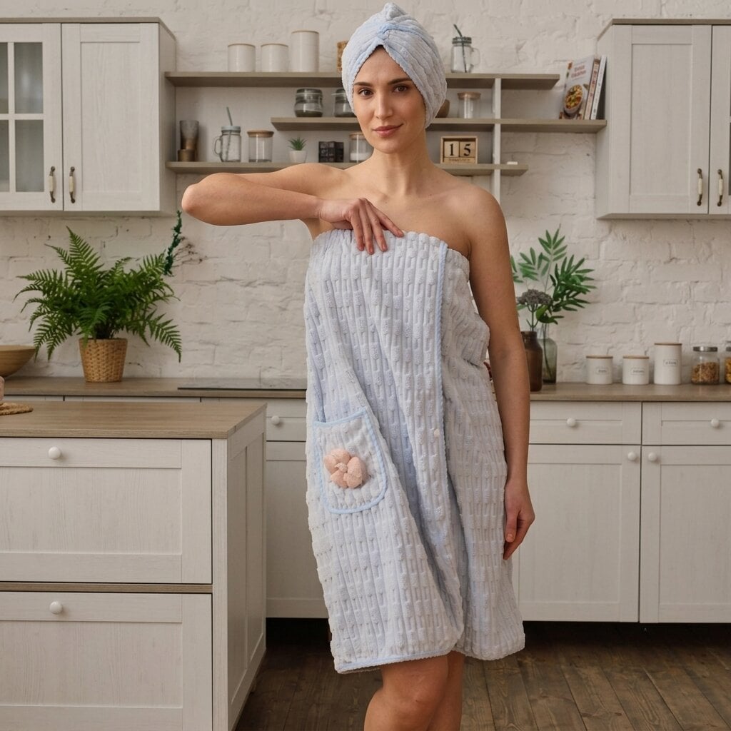 Набор для сауны полотенце-халат на кнопках/шапочка микрофибра 140x80 см Голубой (KUT-RSH-00126)
