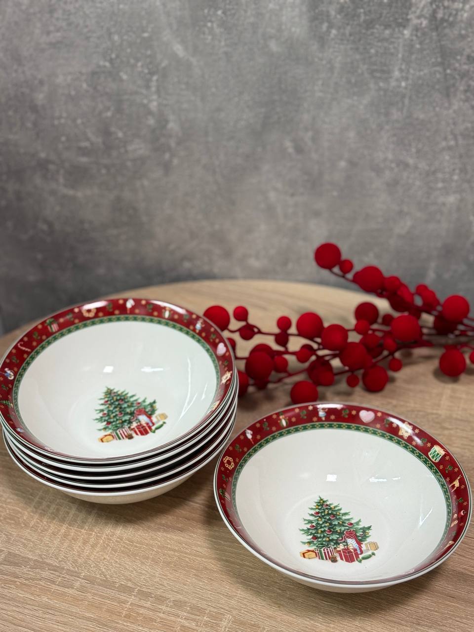 Набор новогодних суповых тарелок Yiwu Christmas фарфоровых 6 шт. 18 см Красный (HP-SDHK-26)