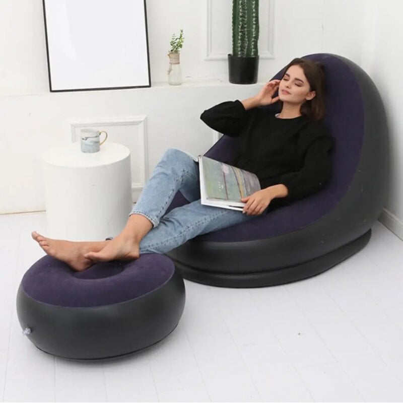 Надувное кресло A-Sofa с пуфом и насосом 88х116х83 см до 150 кг. Черный/Фиолетовый (PH01031)