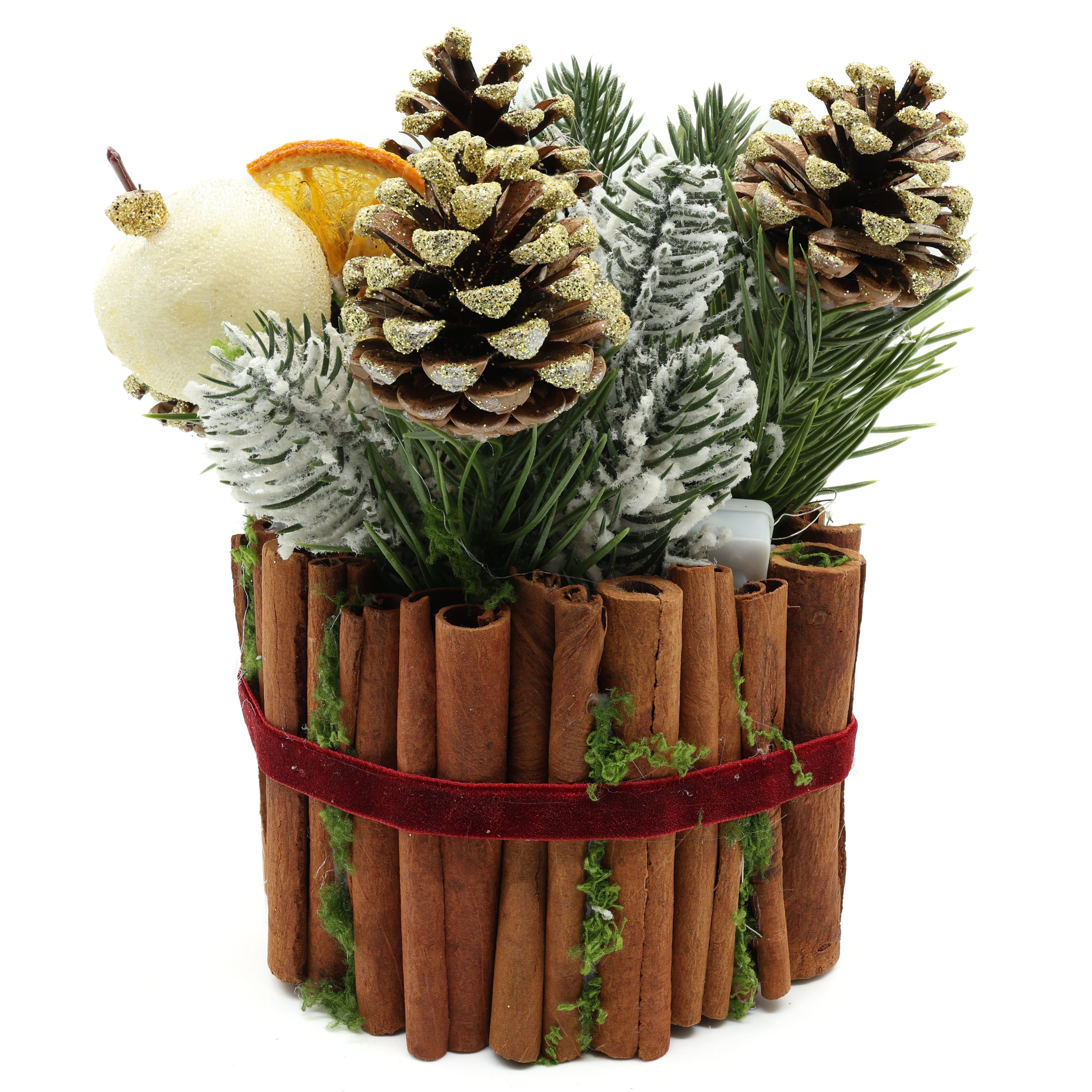 Композиция новогодняя Gala Decor в кашпо с корицей/шишками и LED гирляндой в подарочной коробке 15х15 см