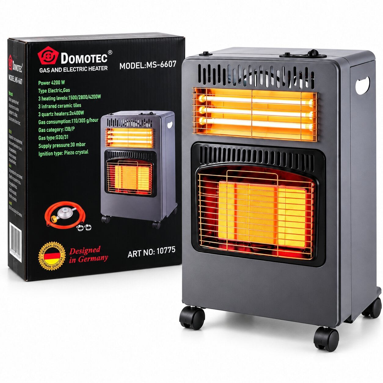 Обогреватель газово-электрический инфракрасный Domotec MS-6607 4200 Вт комбинированный с колесиками.