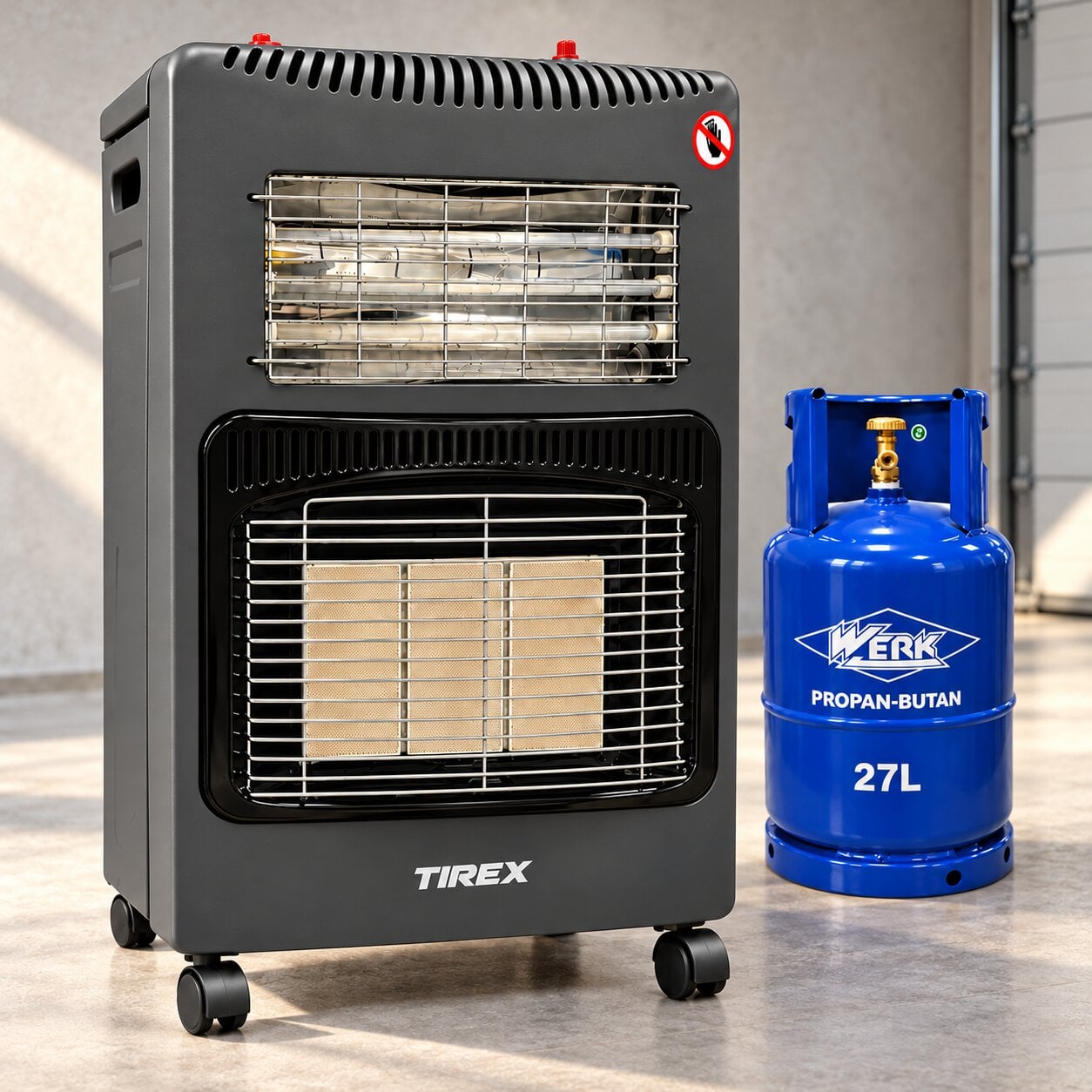 Обогреватель газовый TIREX TRAPG180D электрический 2в1 4,2 кВт/1500 Вт в комплекте баллон Werk PROPAN-BUTAN 27 л пропан-бутановый