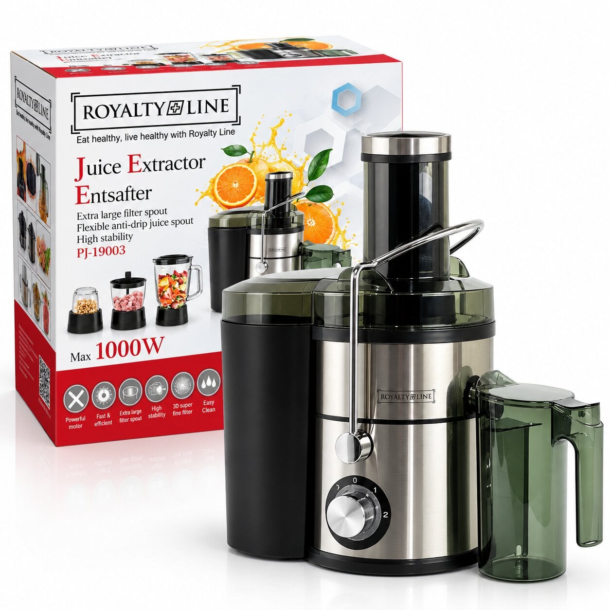 Соковижималка Royalty Line RL-PJ19003 4в1 2 швидкості з блендером/кавомолкою та подрібнювачем 1000 Вт (38785196)