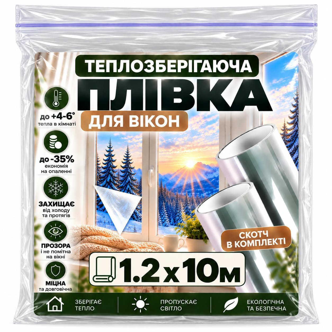 Плівка на вікна теплозберігаюча зі скотчем 20 мкм 1,2х10 м 12 м кв. (38494682) Плівка на вікна теплозберігаюча зі скотчем 20 мкм 1,2х10 м 12 м кв. (38494682)