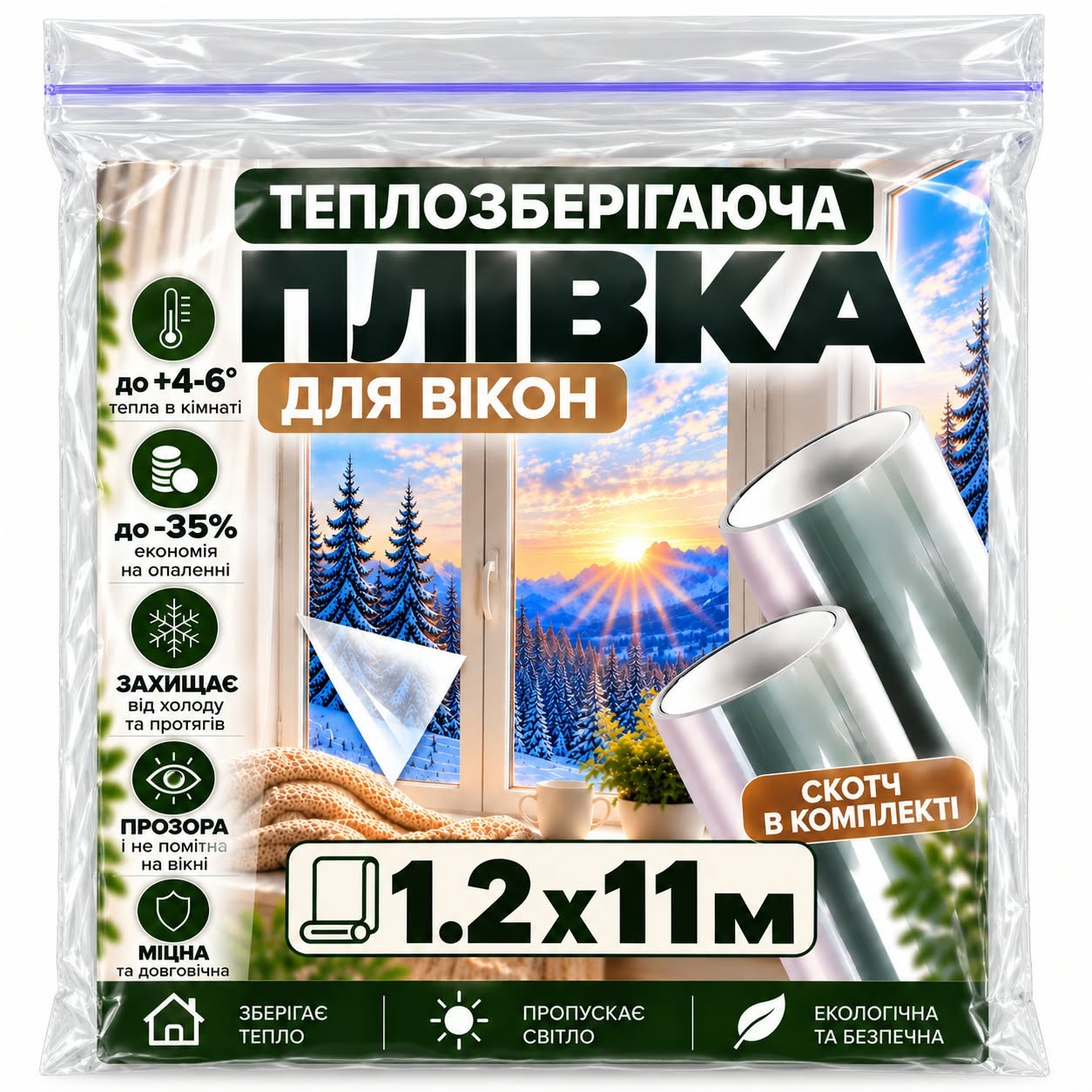 Пленка на окна теплосберегающая со скотчем 20 мкм 1,2 х11 м 13,2 м кв. (38494684)