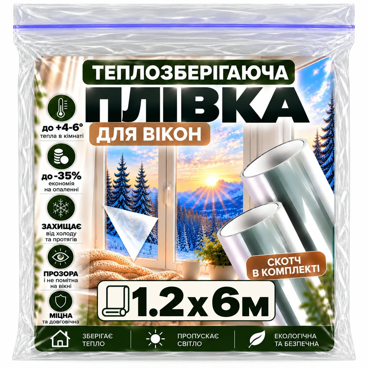 Пленка на окна теплосберегающая со скотчем 20 мкм 1,2 х6 м 7,2 м кв. (38494650)