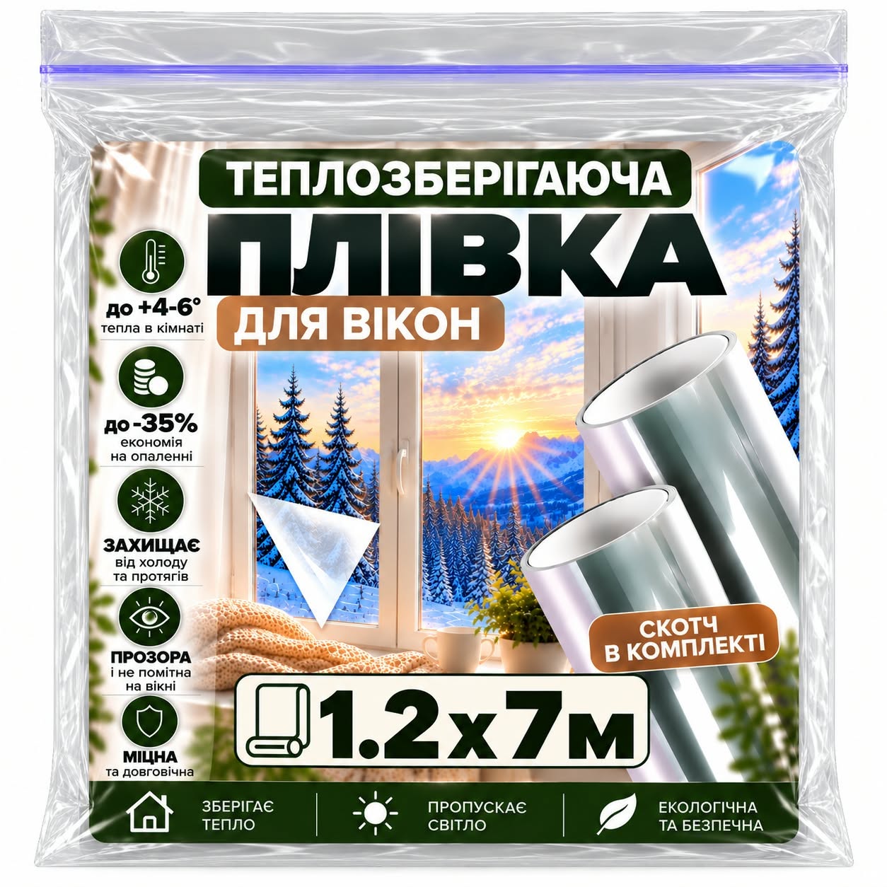 Пленка на окна теплосберегающая со скотчем 20 мкм 1,2 х7 м 8,4 м кв. (38494656)