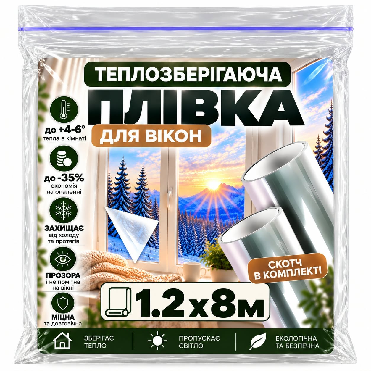 Пленка на окна теплосберегающая со скотчем 20 мкм 1,2 х8 м 9,6 м кв. (38494664)