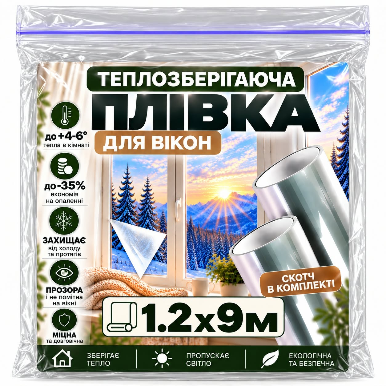 Пленка на окна теплосберегающая со скотчем 20 мкм 1,2х9 м 10,8 м кв. (38494672)
