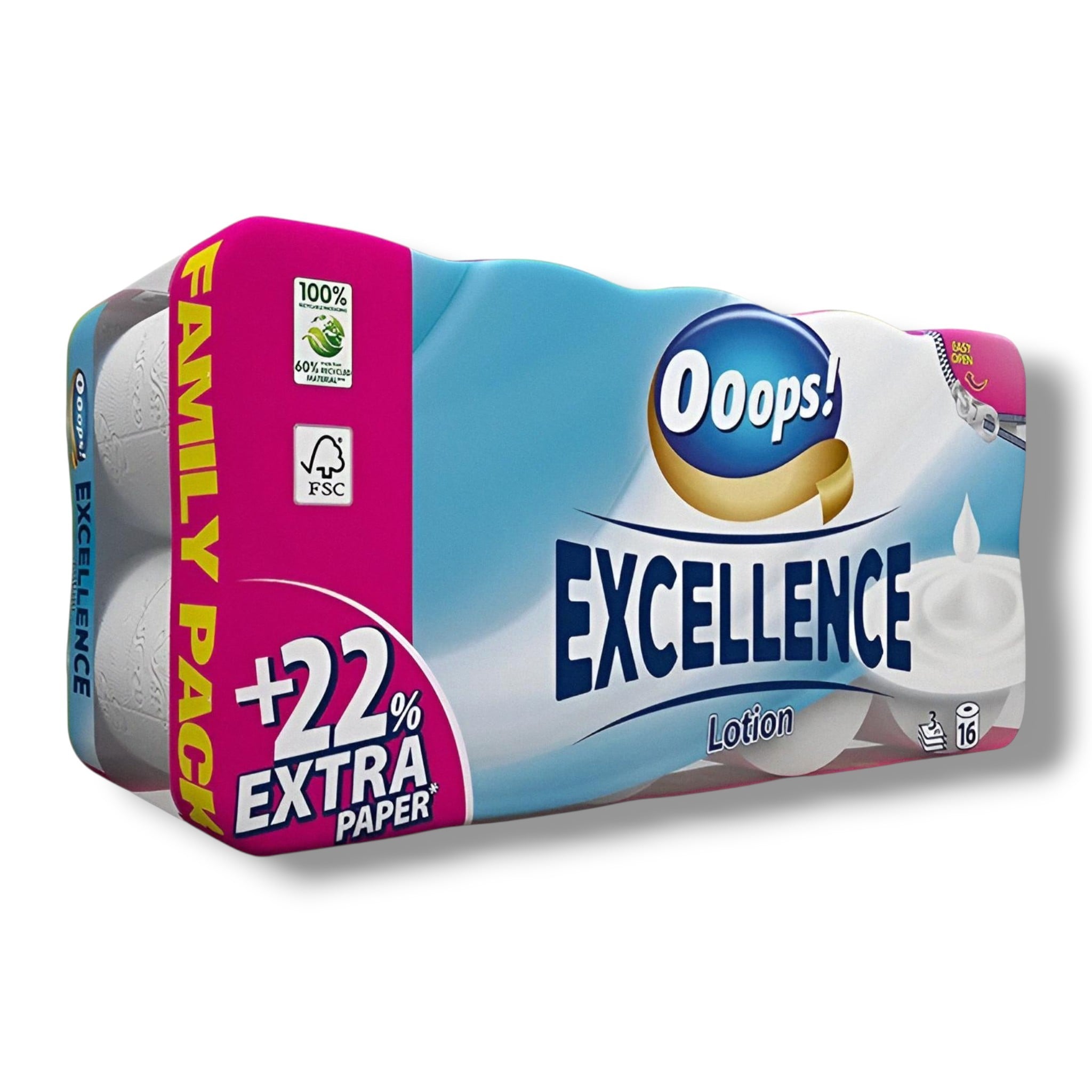 Туалетний папір Ooops! Family pack Екселенс Lotion тришаровий 16 шт. (706031CG)