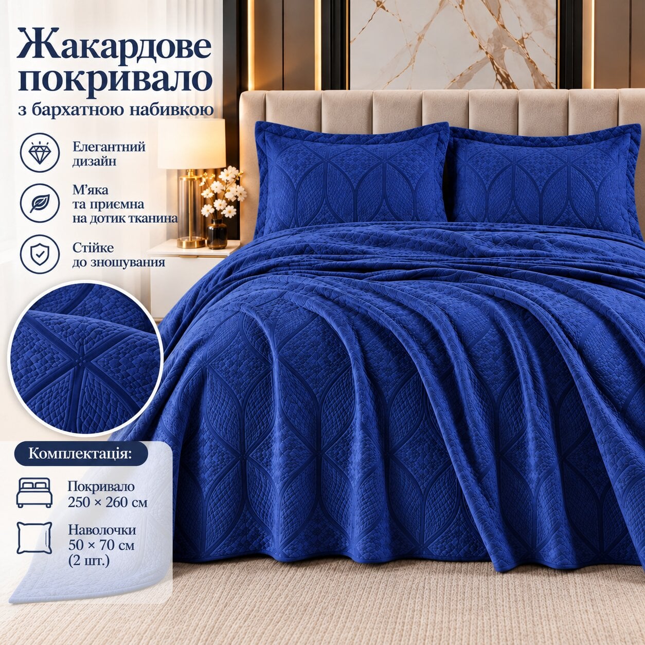 Жакардове покривало з наволочками Karina 250×260 см синє, комплект для двоспального ліжка з геометричним візерунком