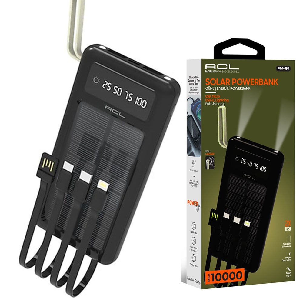 Аккумулятор наружный ACL PW-59 SOLAR 10000 mAh с солнечной панелью и двойной фонарь USB-A и USB-C встроенные кабели Аккумулятор наружный ACL PW-59 SOLAR 10000 mAh с солнечной панелью и двойной фонарь USB-A и USB-C встроенные кабели